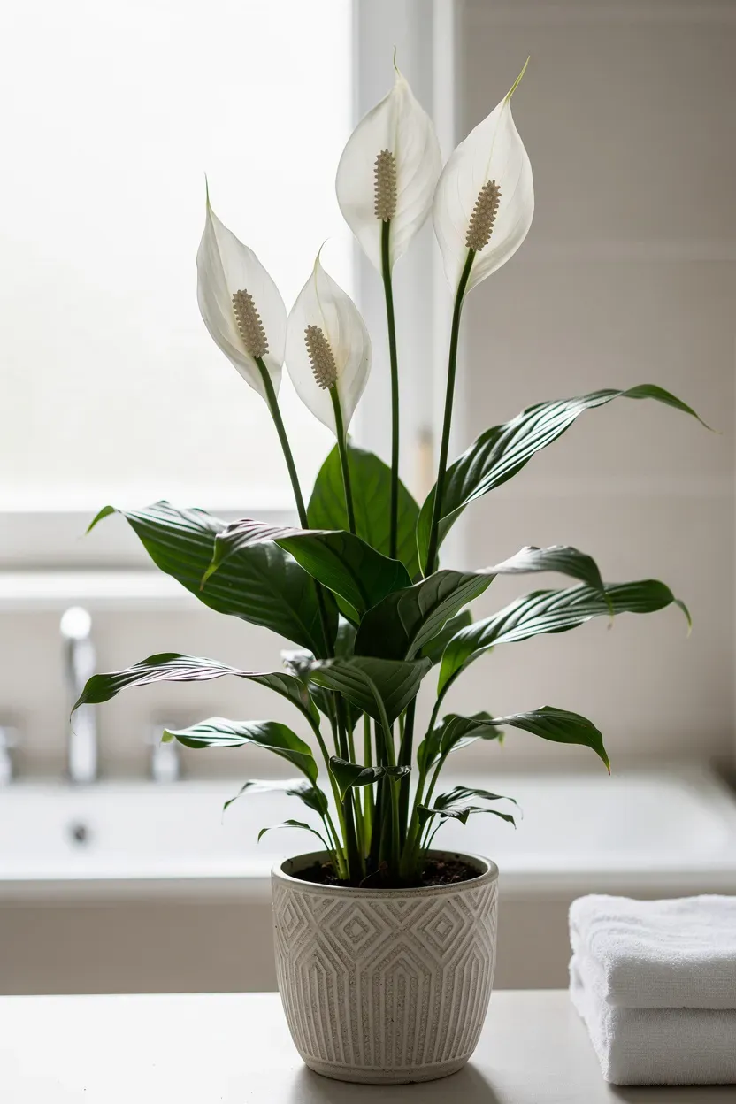 Peace lily in a decorative ceramic pot in a bright bathroom.