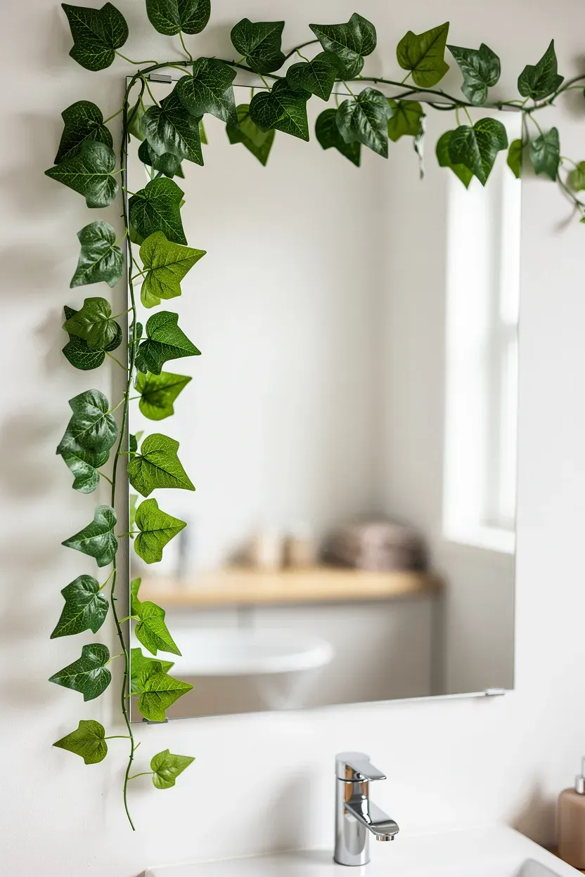 Ivy trailing elegantly along a bathroom mirror.