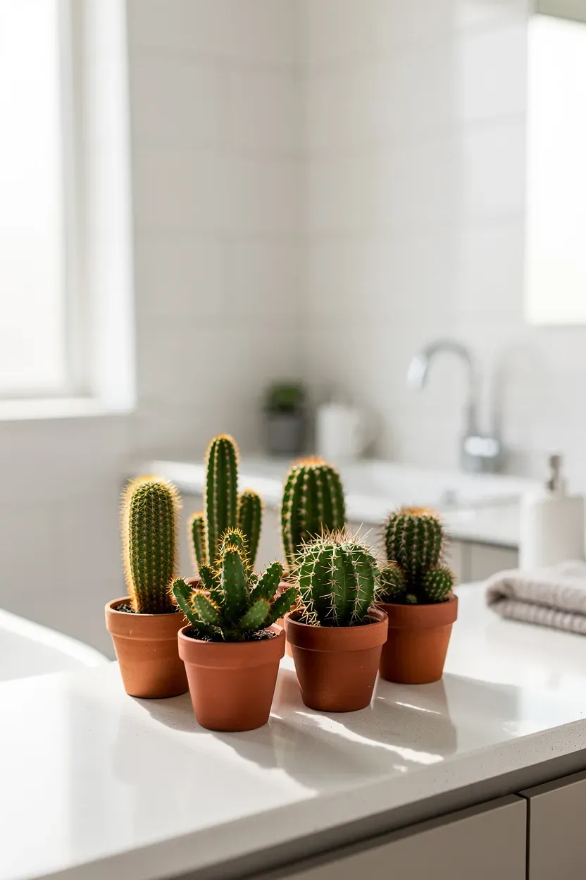 Small cacti arranged on a bathroom counter.