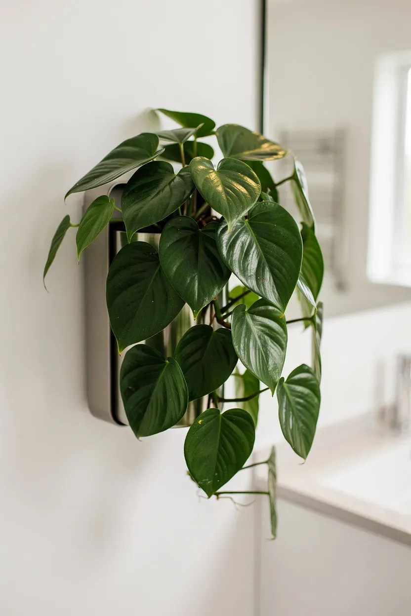 Philodendron in a wall-mounted planter in a bright bathroom.