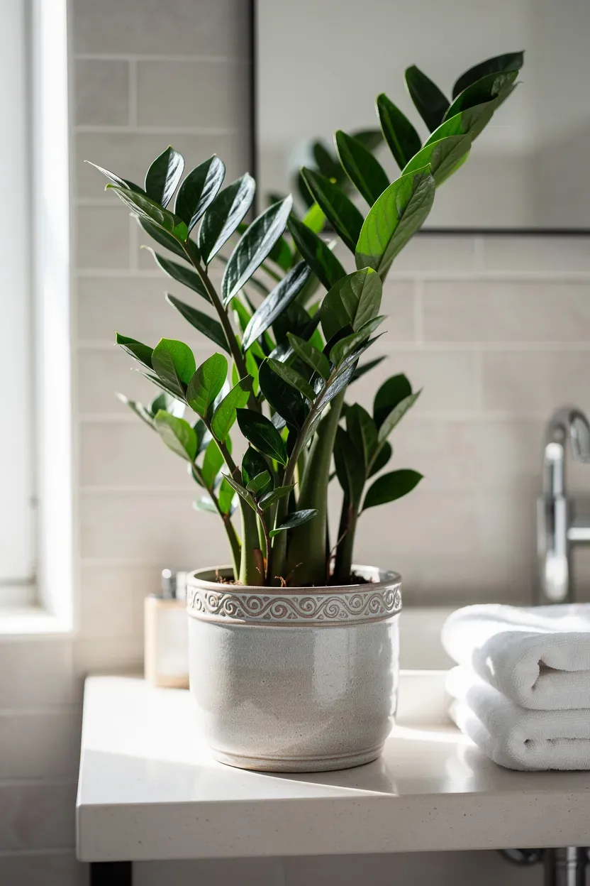 ZZ plant in a decorative pot in a bright bathroom.