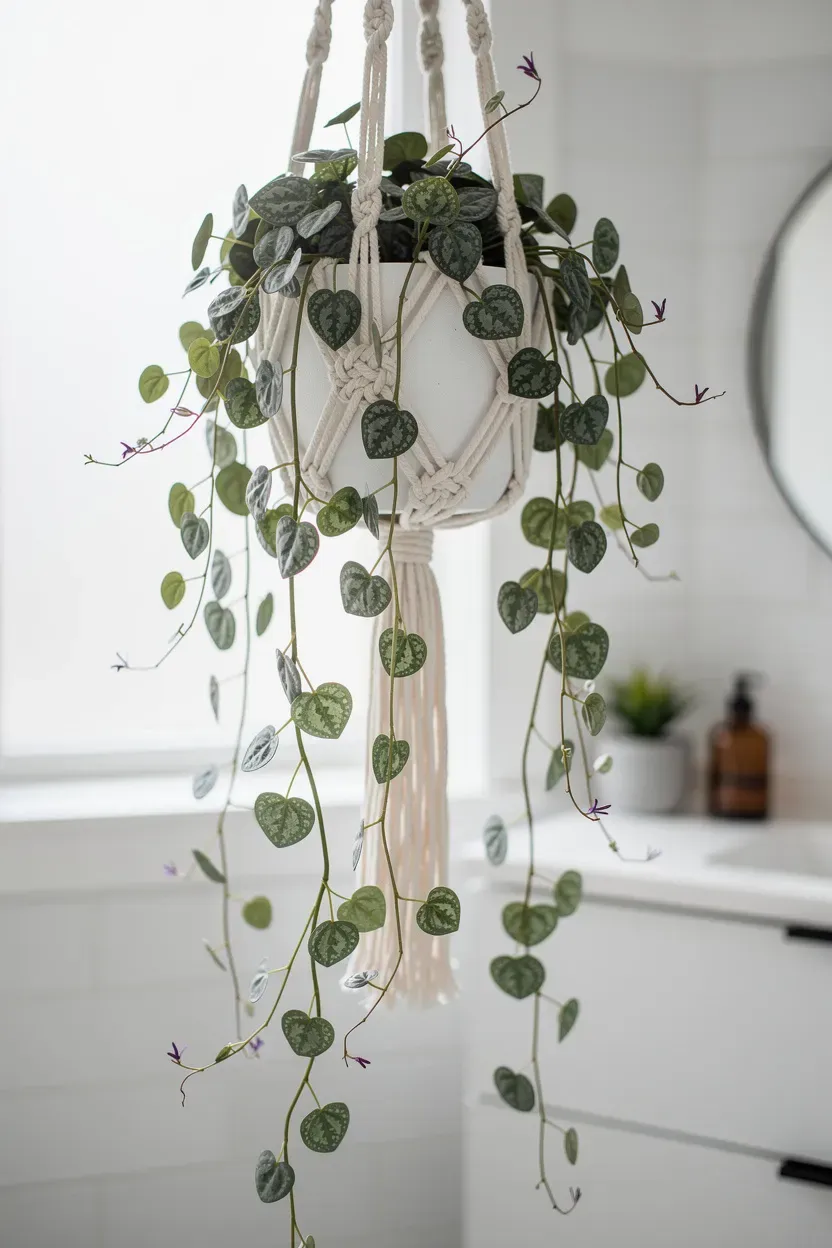 String of hearts plant hanging in a decorative macrame planter.