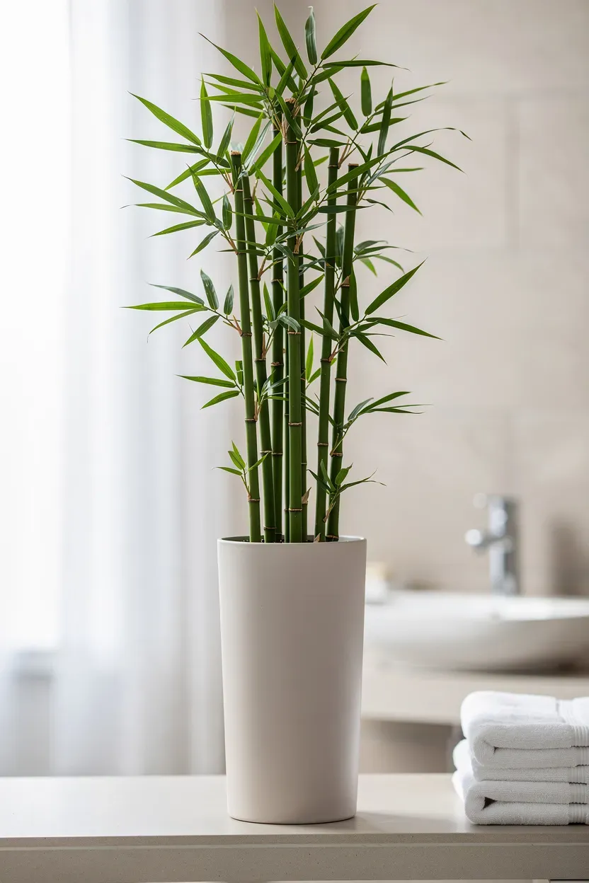 Bamboo grass arranged in a tall container in a bright bathroom.