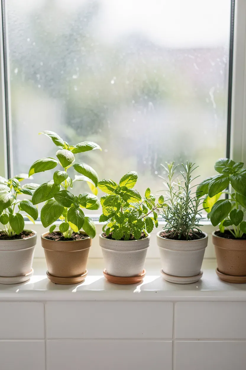 Small pots of herbs arranged on a bathroom windowsill.