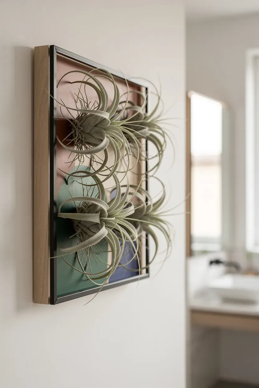 Air plants incorporated into wall art in a bright bathroom.