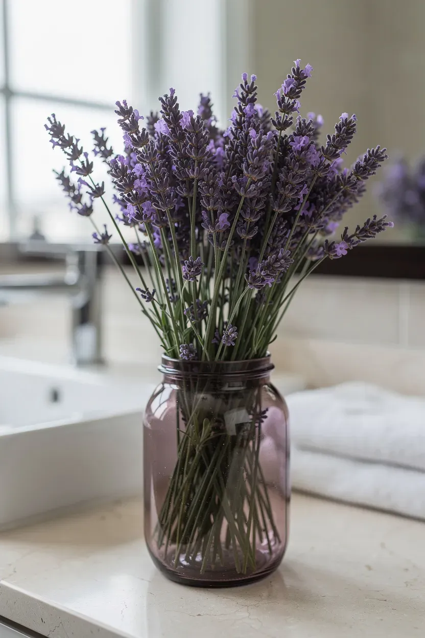 Lavender arranged in a decorative jar in a bright bathroom.