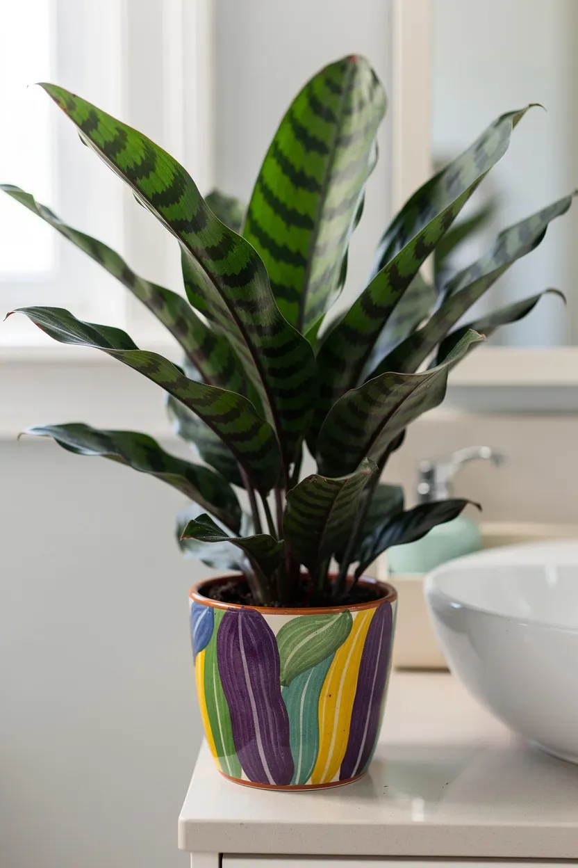 Rattlesnake plant displayed in a colorful pot in a bright bathroom.