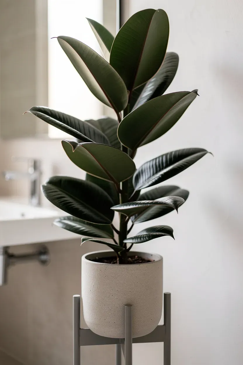Rubber plant displayed on a plant stand in a bright bathroom.