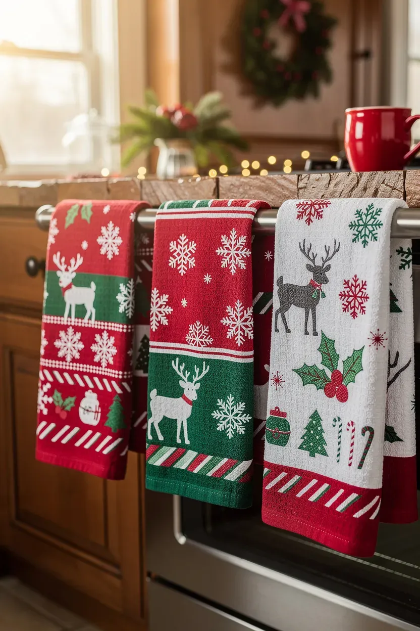 Colorful holiday-themed kitchen towels with festive patterns hanging in a cozy kitchen.
