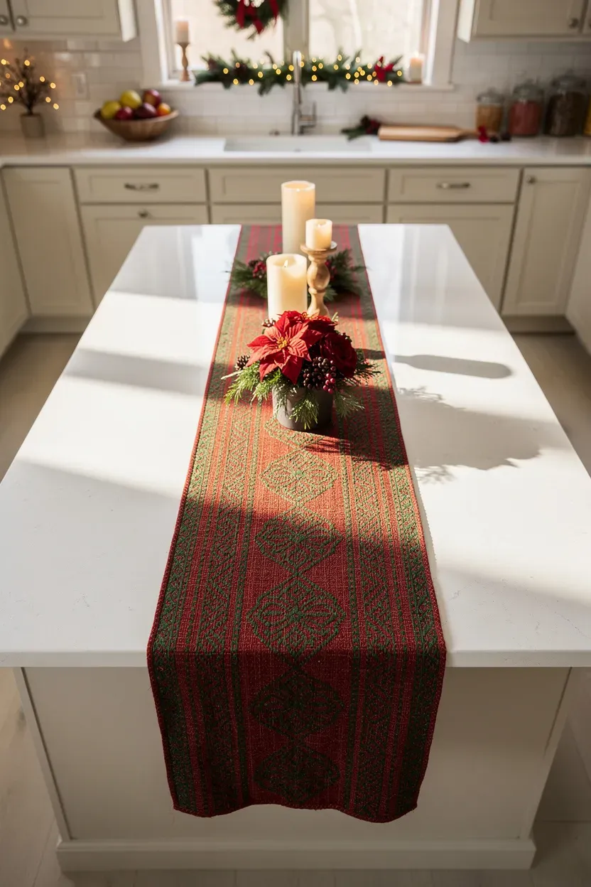 Vibrant red and green table runner on a kitchen island, adorned with decorative items.