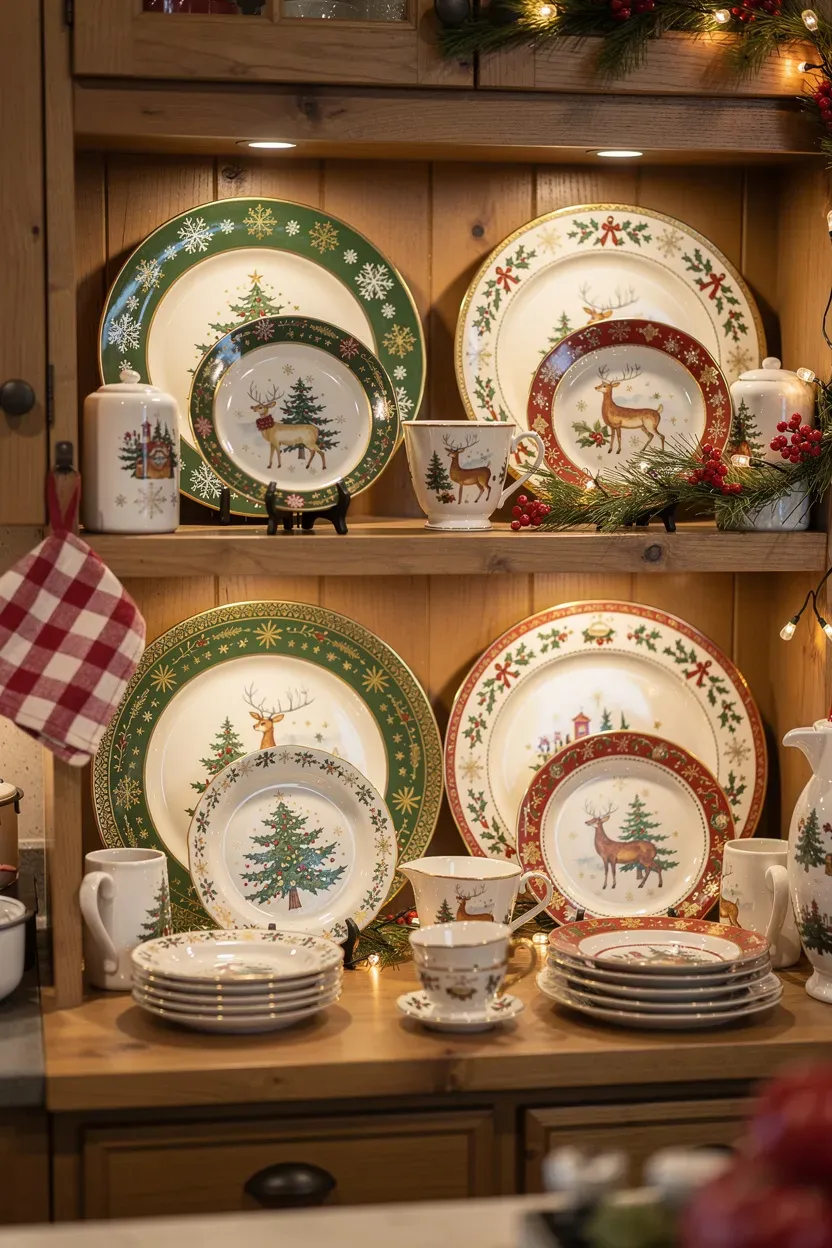 Display of decorative Christmas plates on a kitchen shelf, showcasing festive designs.