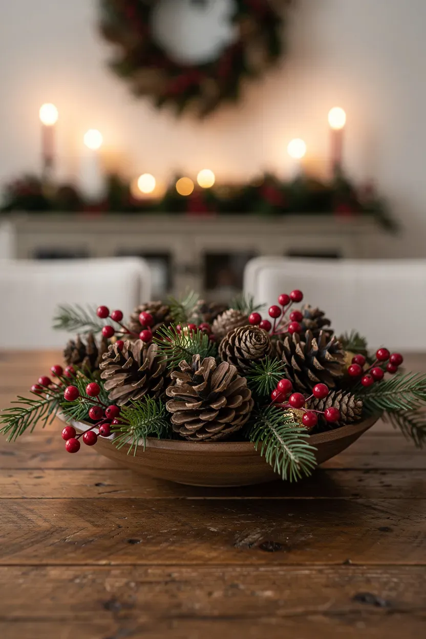 Natural centerpiece of pinecones and berries arranged on a dining table.