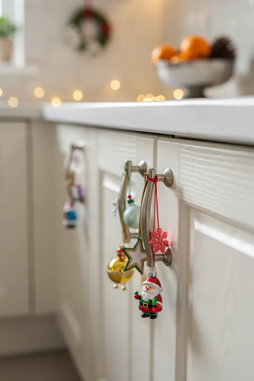 Colorful ornaments whimsically hanging from kitchen cabinet handles.