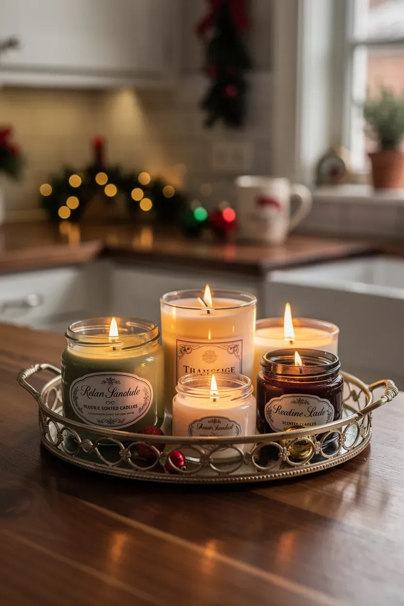 Collection of seasonal scented candles arranged on a decorative tray in a kitchen.