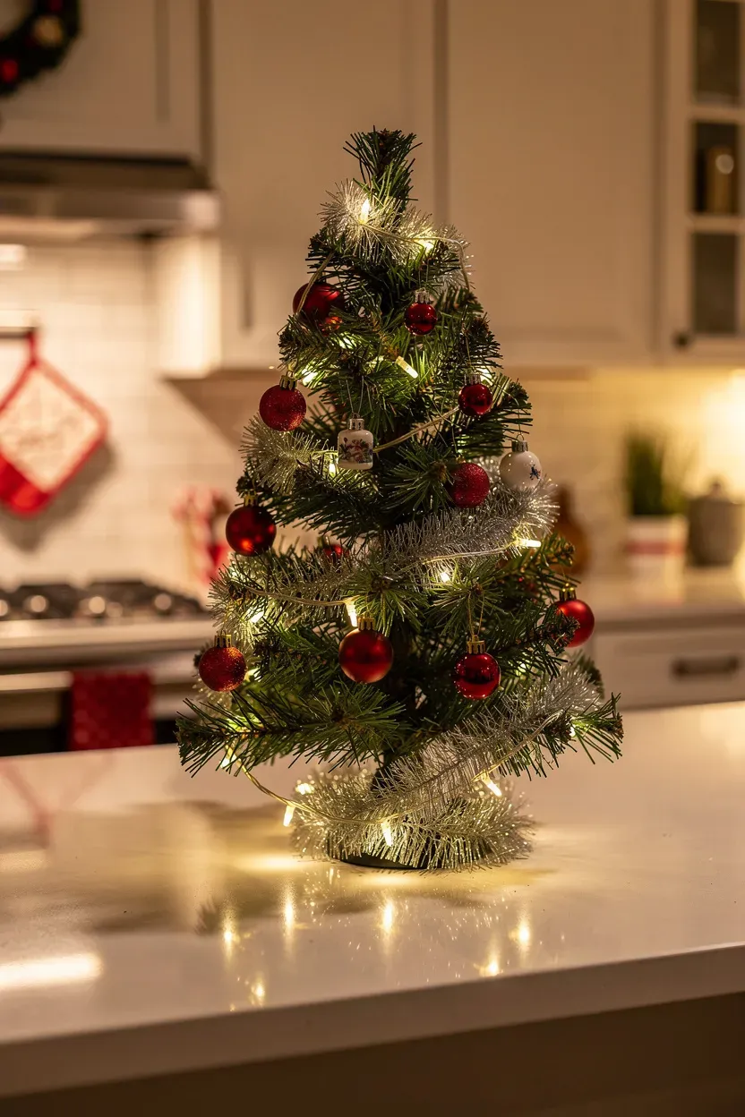 Delightful mini Christmas tree decorated with tiny ornaments on a kitchen counter.