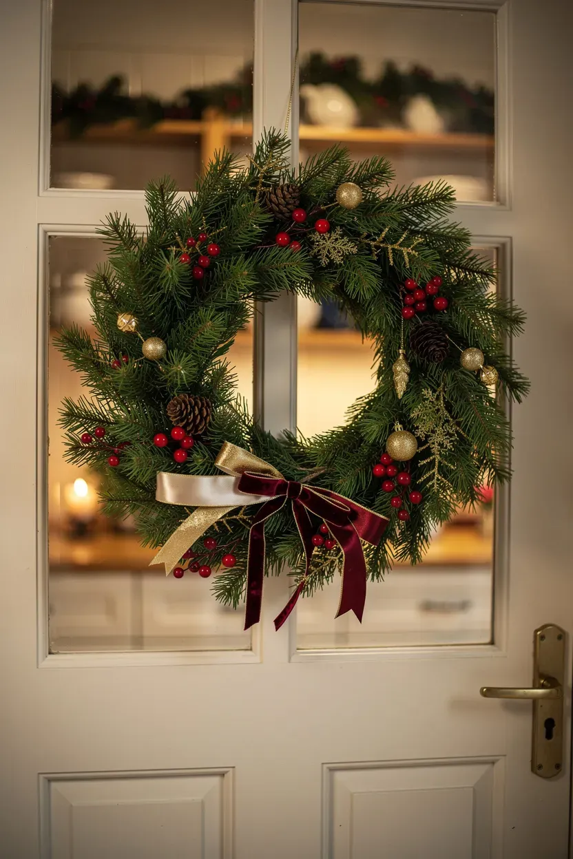 Beautiful evergreen wreath adorned with berries and ribbons hanging on a kitchen door.