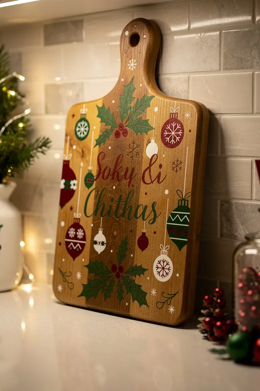 Festive holiday-themed cutting board displayed against a backsplash in a cozy kitchen.