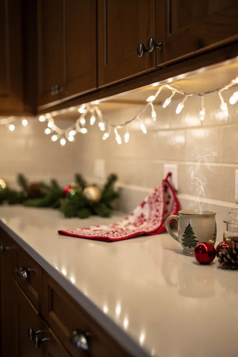 Soft white string lights elegantly strung under kitchen cabinets, creating a warm glow.