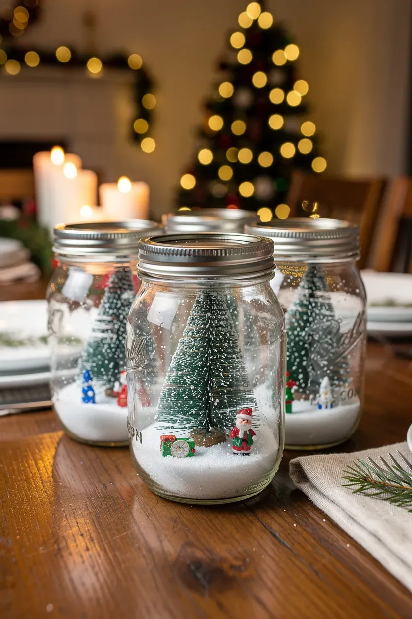 Charming mason jar snow globes filled with miniature trees and trinkets on a table.