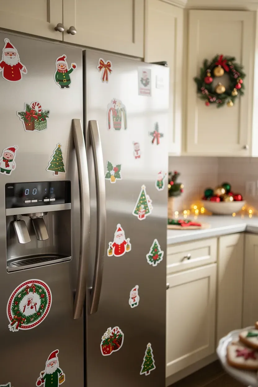 Holiday-themed stickers adorning kitchen appliances for festive flair.