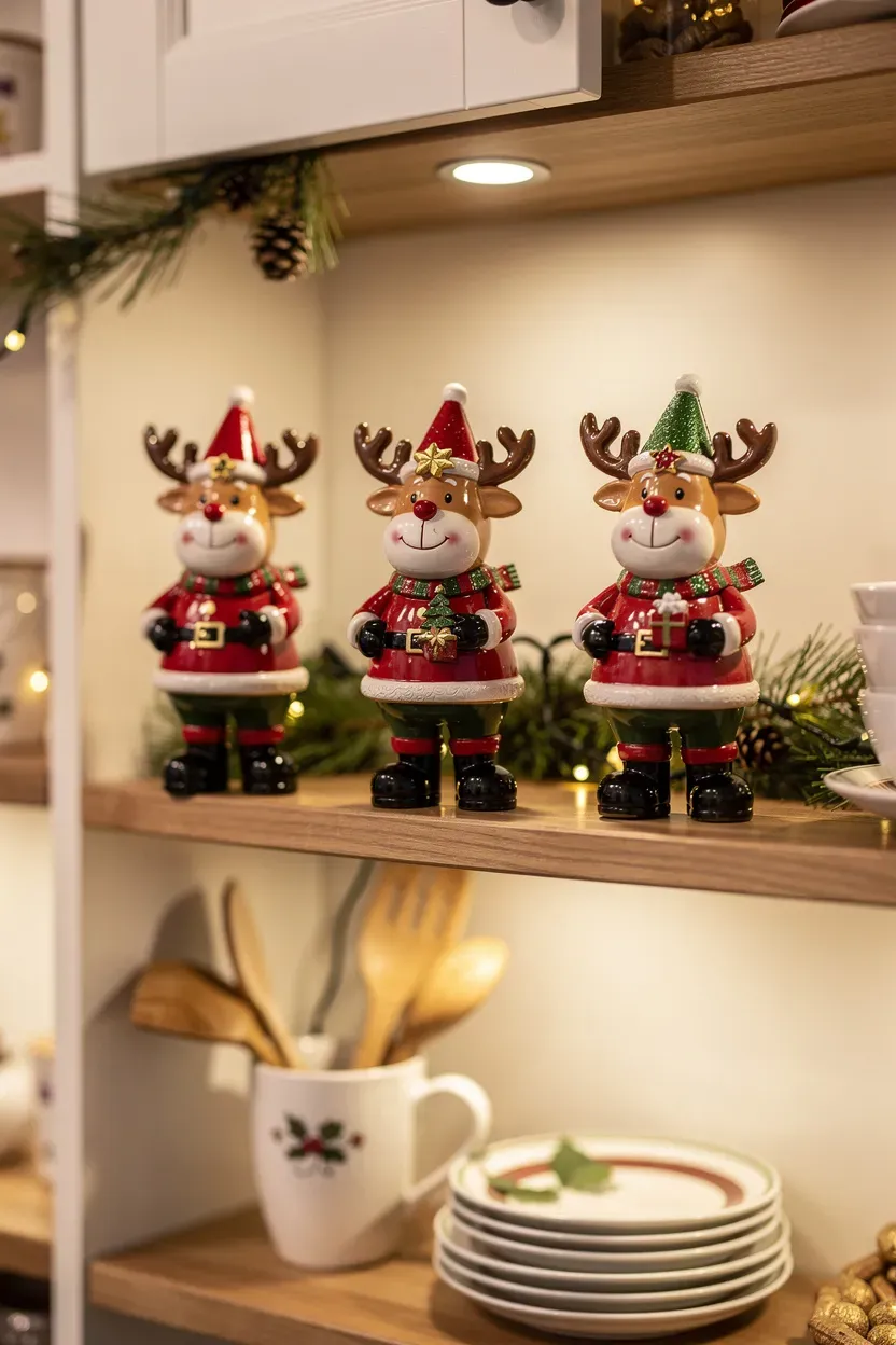 Festive reindeer and Santa figurines placed on kitchen shelves.