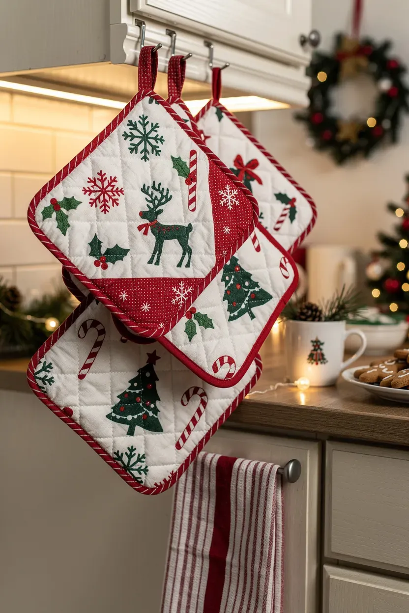 Cheerful Christmas-themed pot holders with holiday motifs hanging in a kitchen.