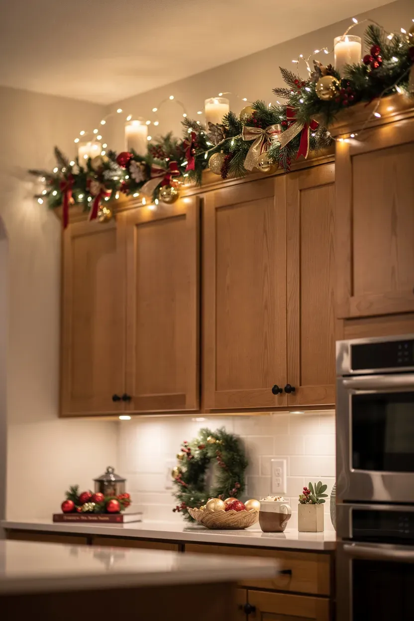 Christmas decor and fairy lights beautifully arranged above kitchen cabinets.