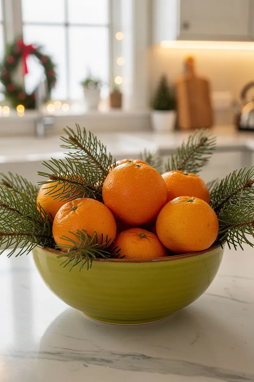 Vibrant bowl filled with fresh oranges and pine branches on a kitchen counter.