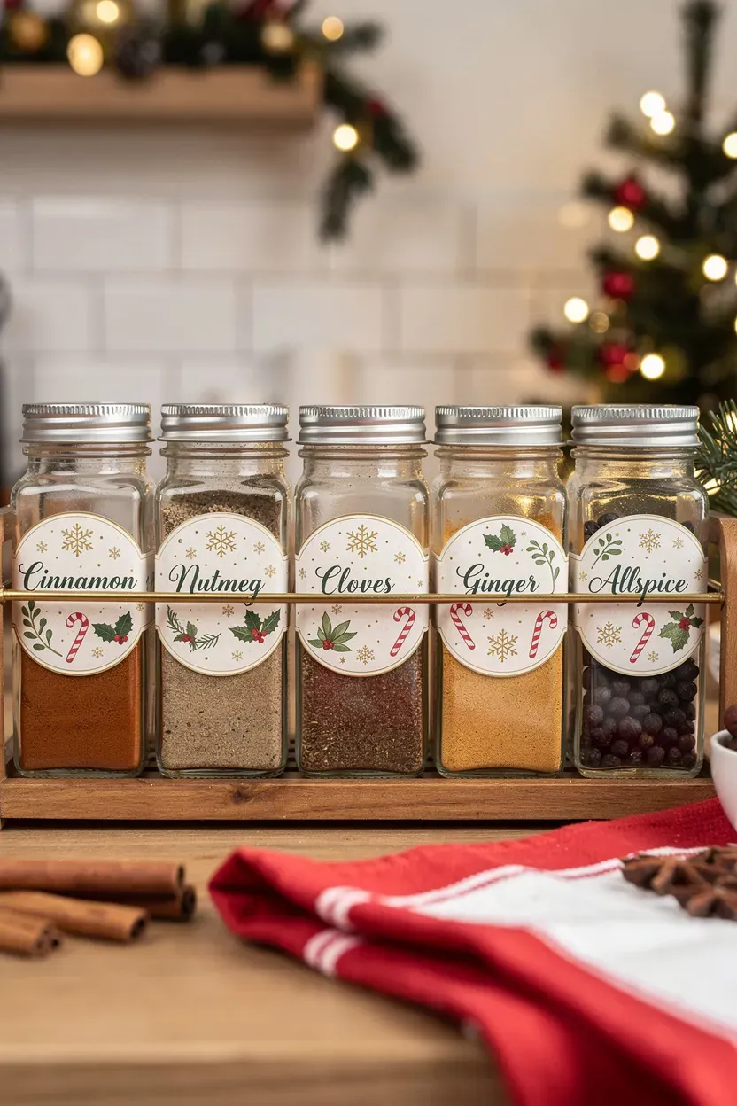 Festive Christmas-themed labels adorning spice jars in a cozy kitchen.