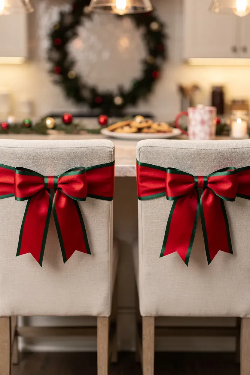 Decorative bows tied on the backs of kitchen island chairs for a festive touch.