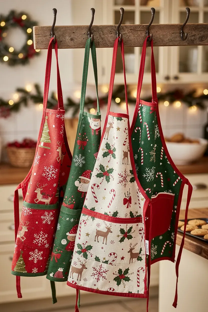 Colorful holiday-themed aprons hanging in a cozy kitchen.