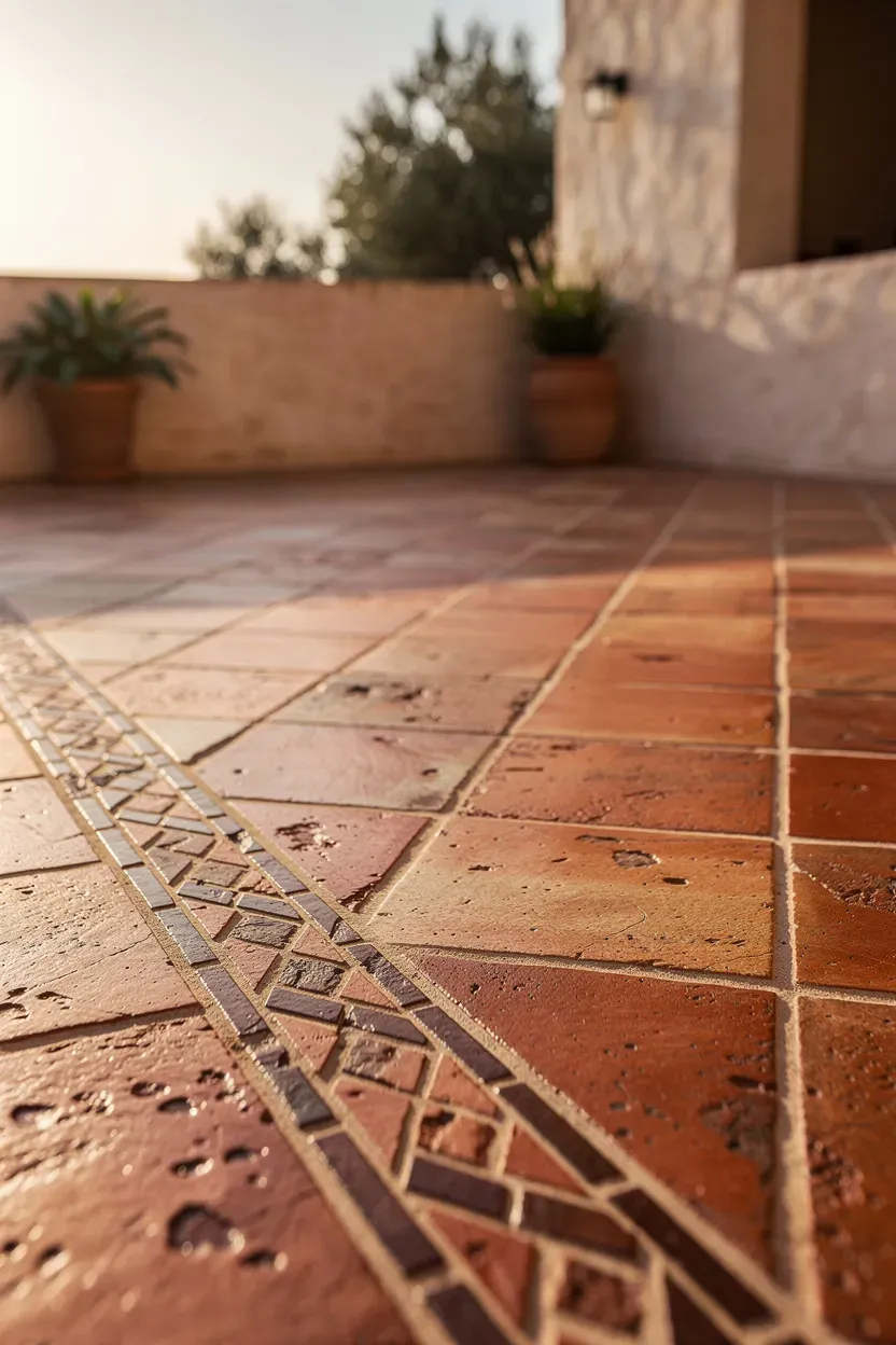 Mediterranean patio with warm terracotta tile flooring and a darker border detail.