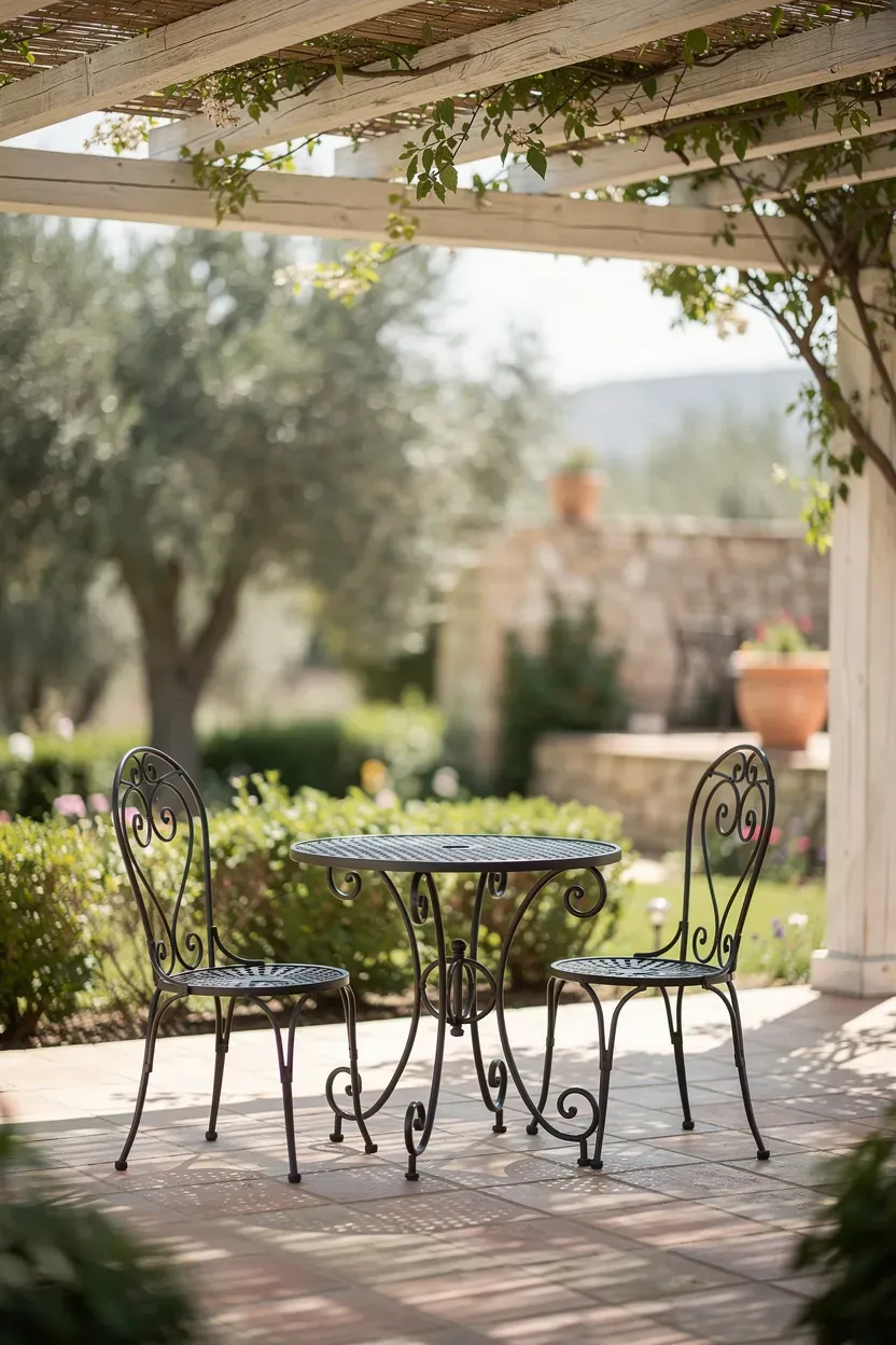 Wrought iron bistro set under a shaded Mediterranean-style pergola with climbing vines.