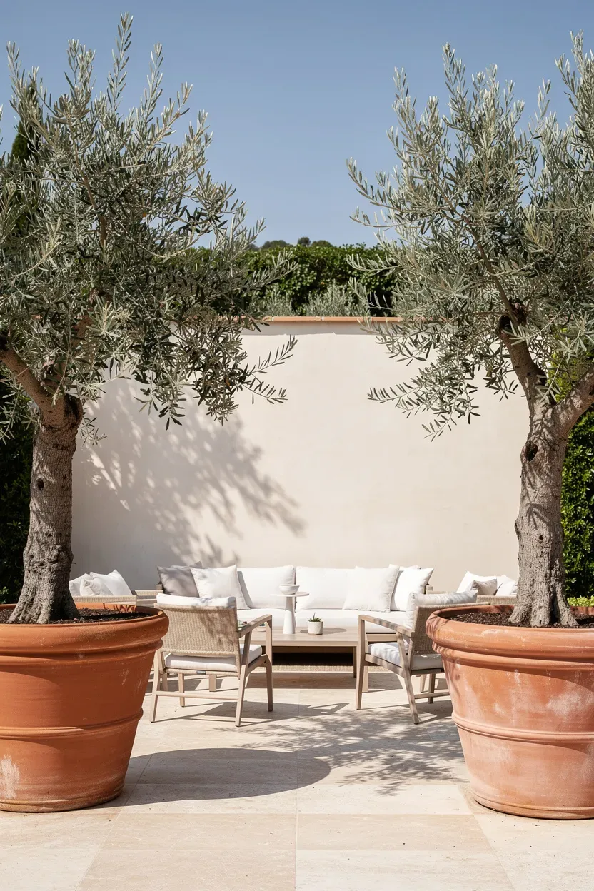 Terracotta planters with olive trees symmetrically framing a Mediterranean patio seating area.