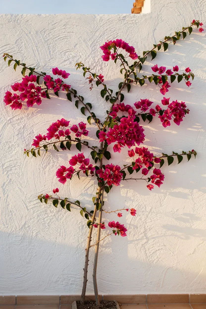 Whitewashed stucco wall with vibrant bougainvillea climbing upward in a Mediterranean patio.