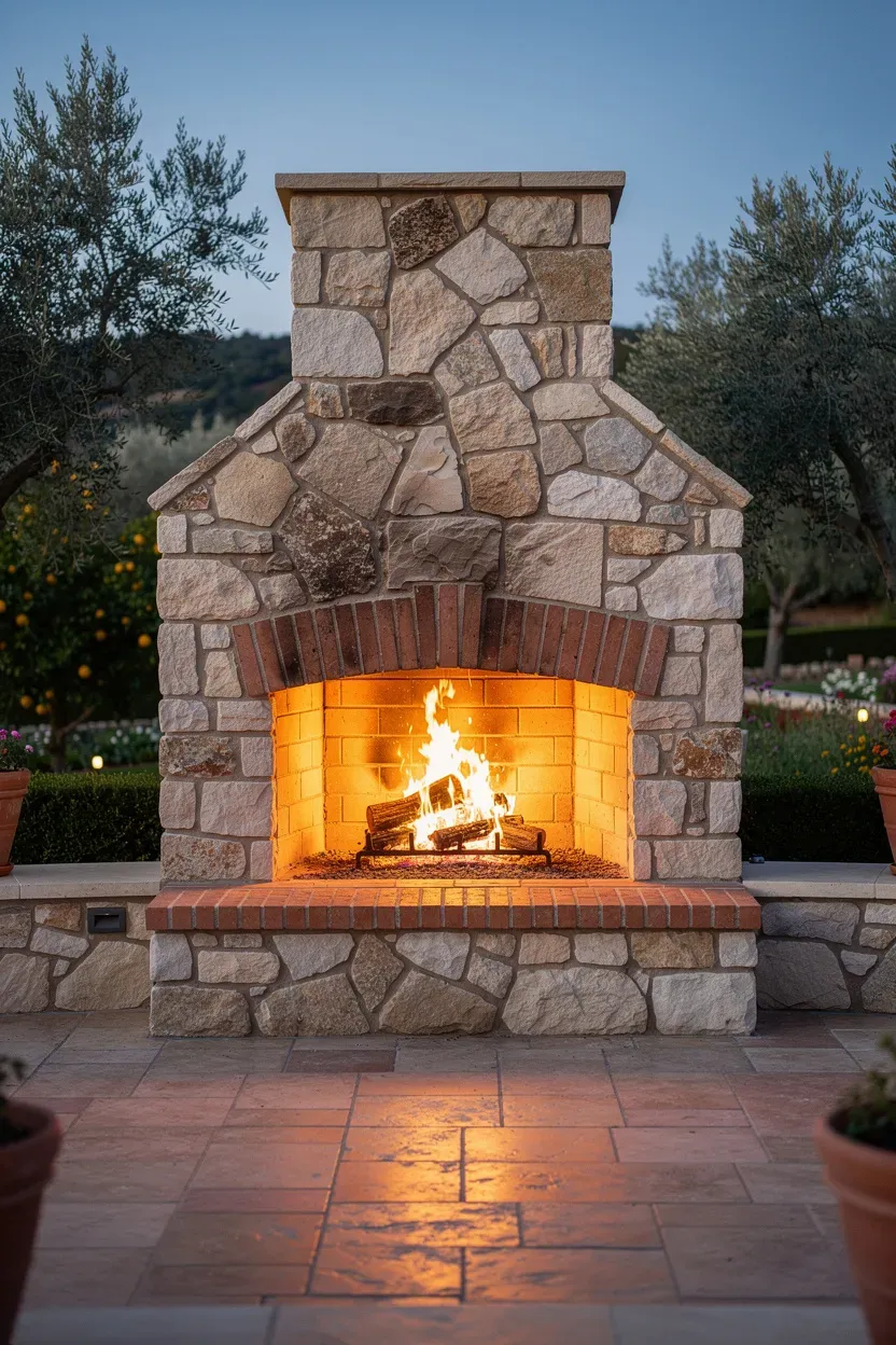 Mediterranean stone patio fireplace with a rustic Spanish brick hearth glowing warmly.