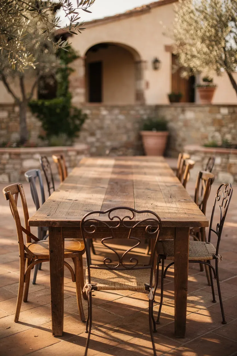 Weathered wood Tuscan-style dining table with mixed rustic seating on a Mediterranean patio.