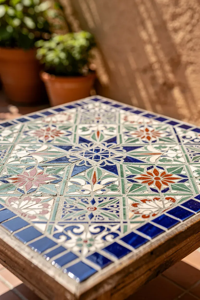 Mediterranean mosaic tile coffee table with detailed handcrafted patterns in blues and earthy tones.