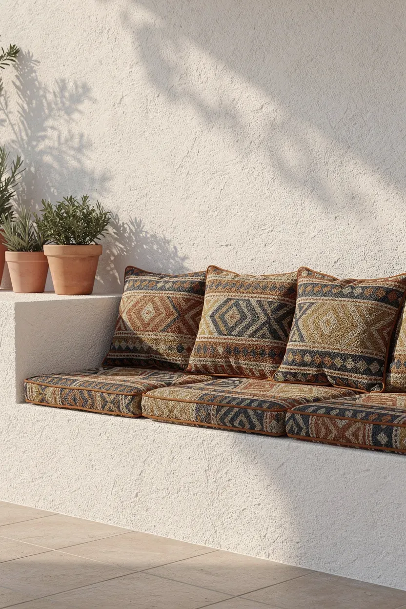 Built-in stucco patio bench with muted geometric Mediterranean cushions.