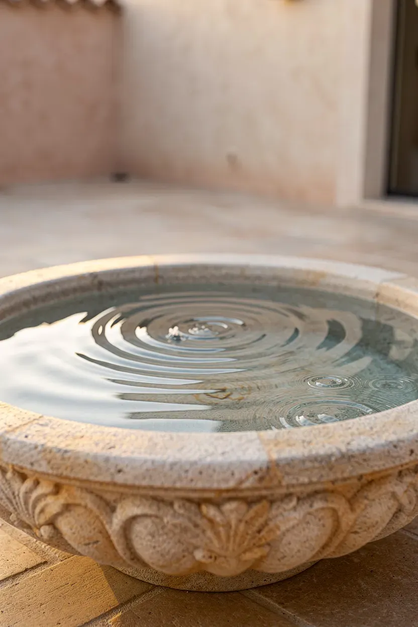 Stone fountain bowl with gentle water ripples in a Mediterranean courtyard.
