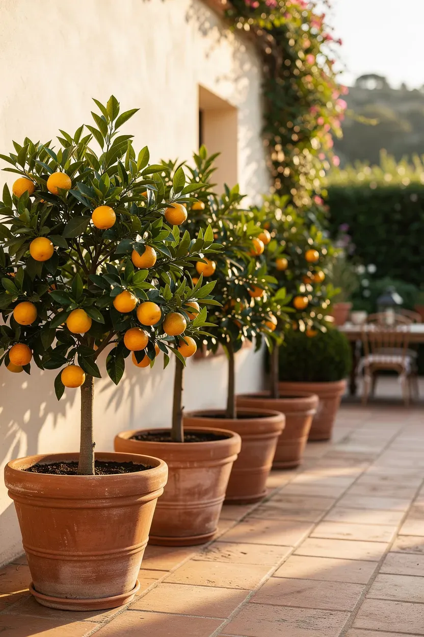 Terracotta pots holding citrus trees arranged along the edge of a Mediterranean patio.