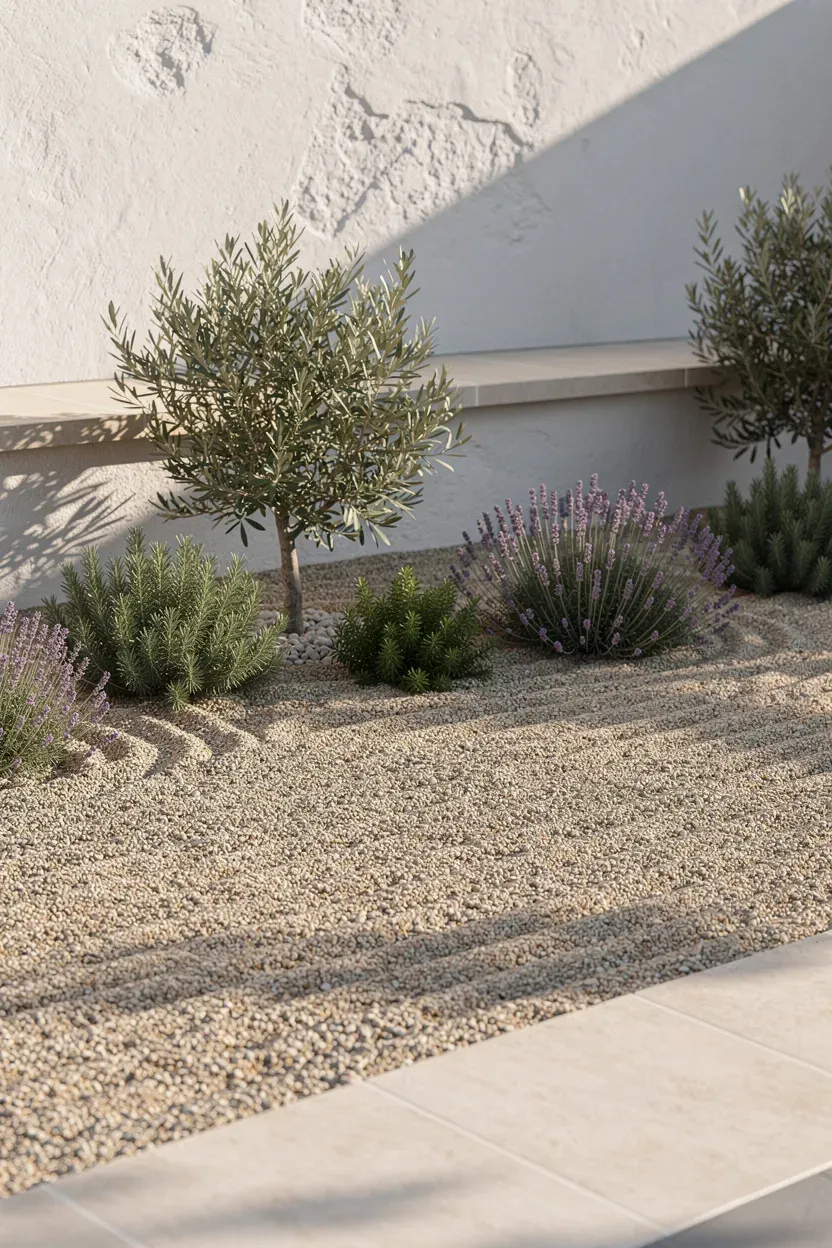 Low gravel garden bed with lavender and drought-tolerant plants in a Mediterranean style.