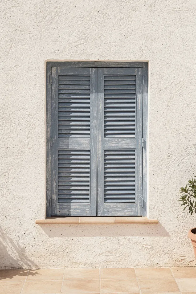 Muted blue coastal-style shutters mounted on a white stucco Mediterranean patio wall.