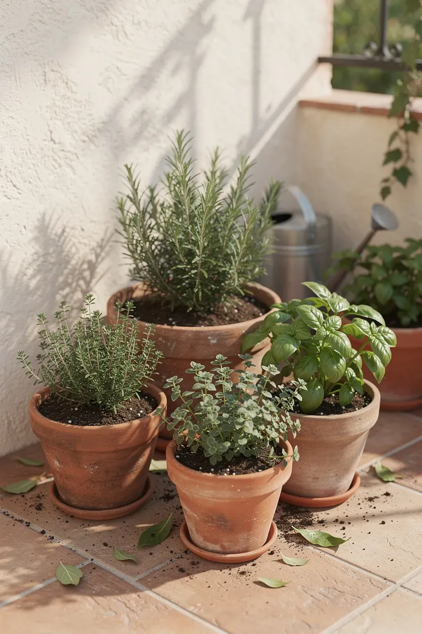 Clay pots filled with Mediterranean herbs arranged neatly in a sunny patio corner.