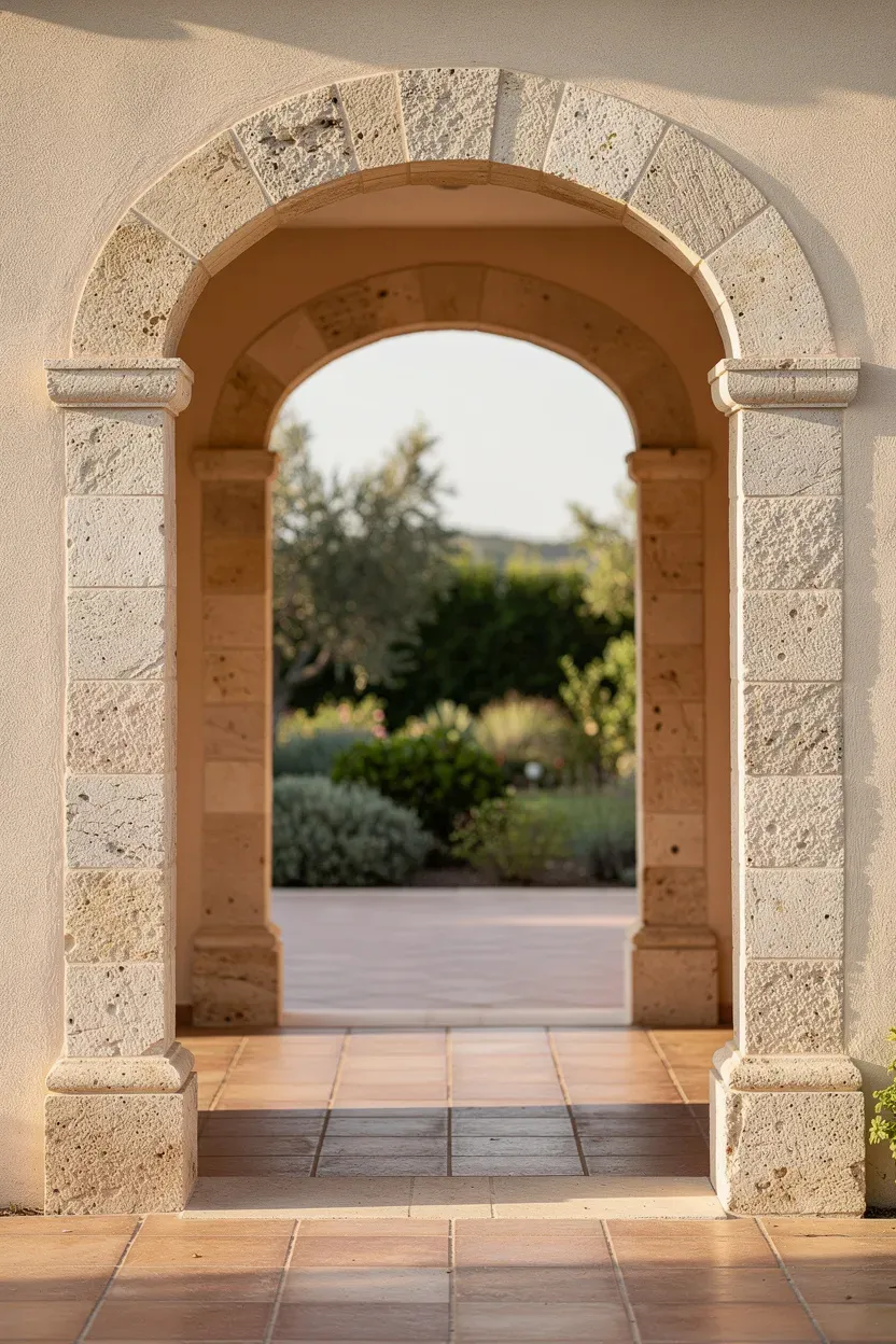 Mediterranean stone-column archway framing a view toward a sunlit terrace.