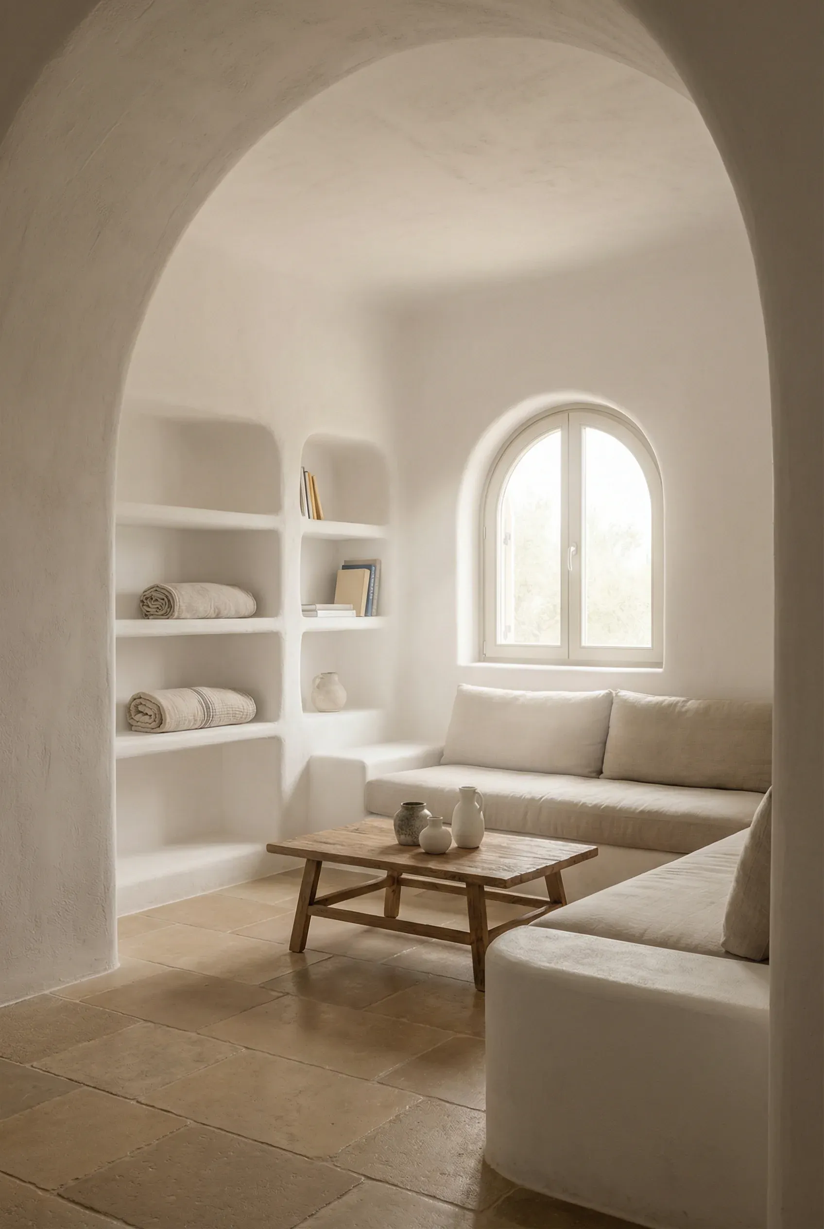 Mediterranean interior with whitewashed curved plaster walls softly lit by natural light.