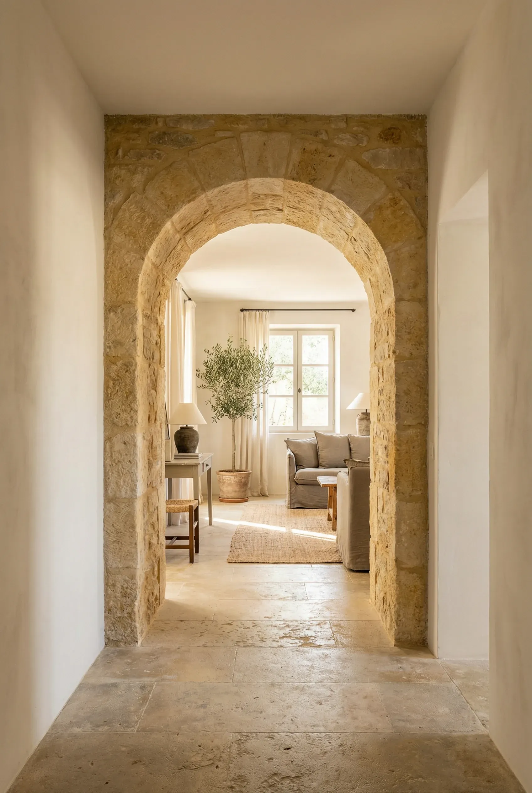 Stone-framed Mediterranean arched doorway leading into a softly lit room.
