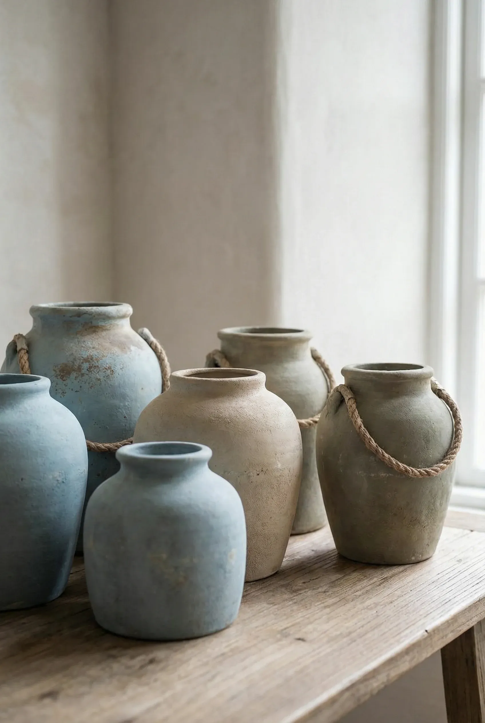 Muted coastal-toned ceramic jars and vases arranged on a simple surface.