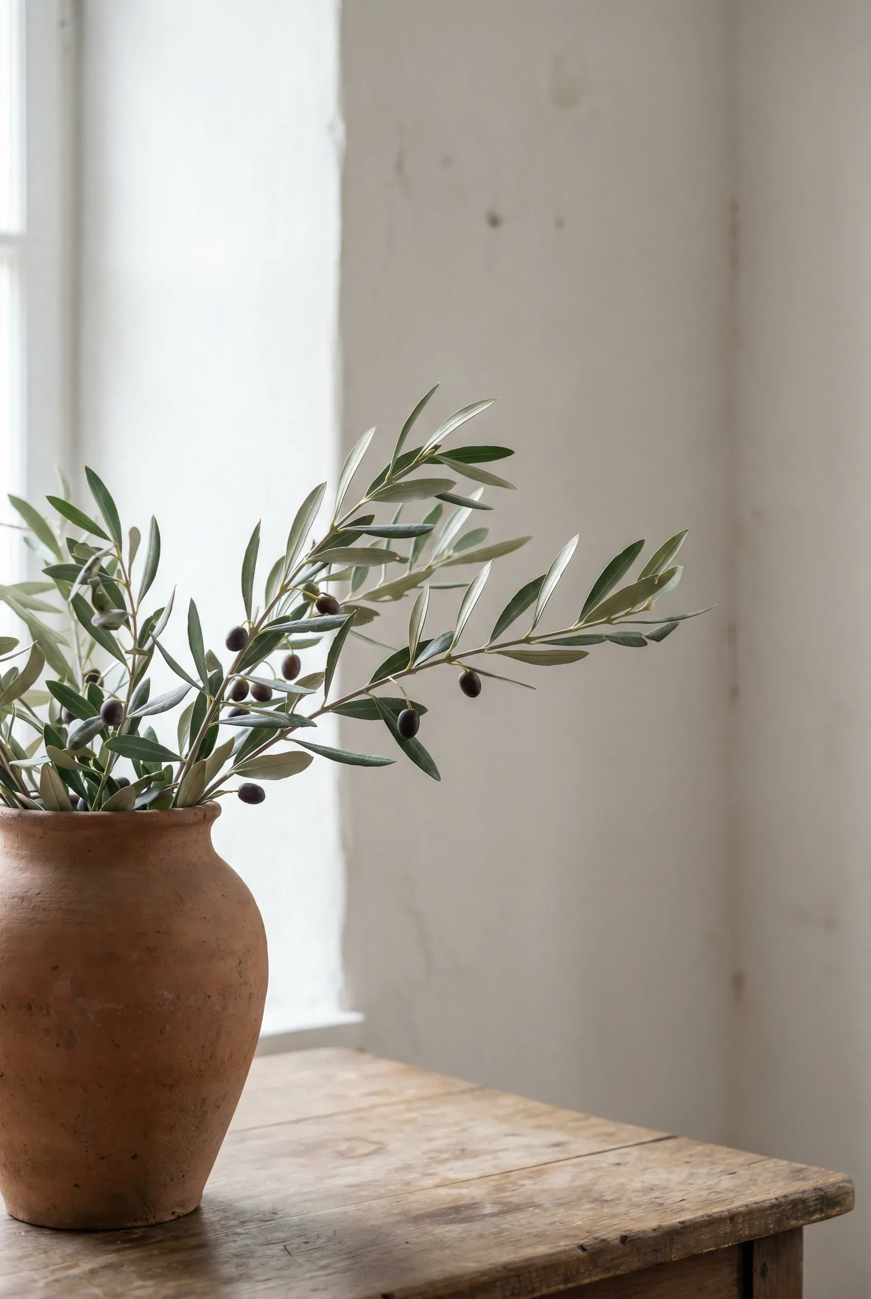 Olive branches in rustic clay vessels arranged simply against a soft neutral backdrop.