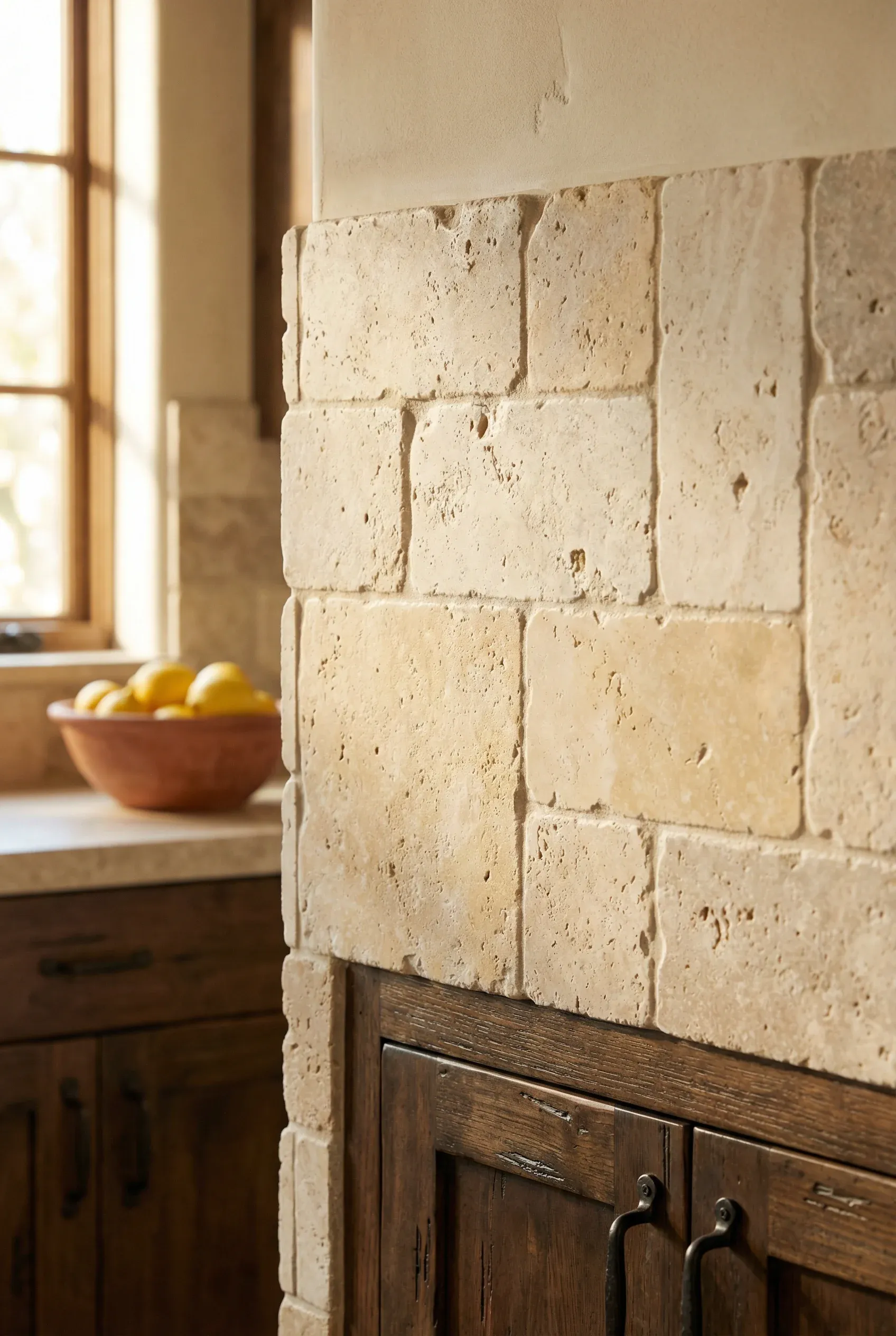 Warm-toned tumbled stone kitchen backsplash with textured matte finish.
